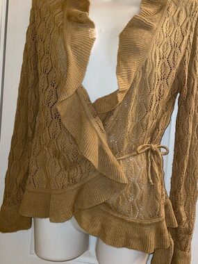 Ruffle Wrap Cardigan Sweater - Camel